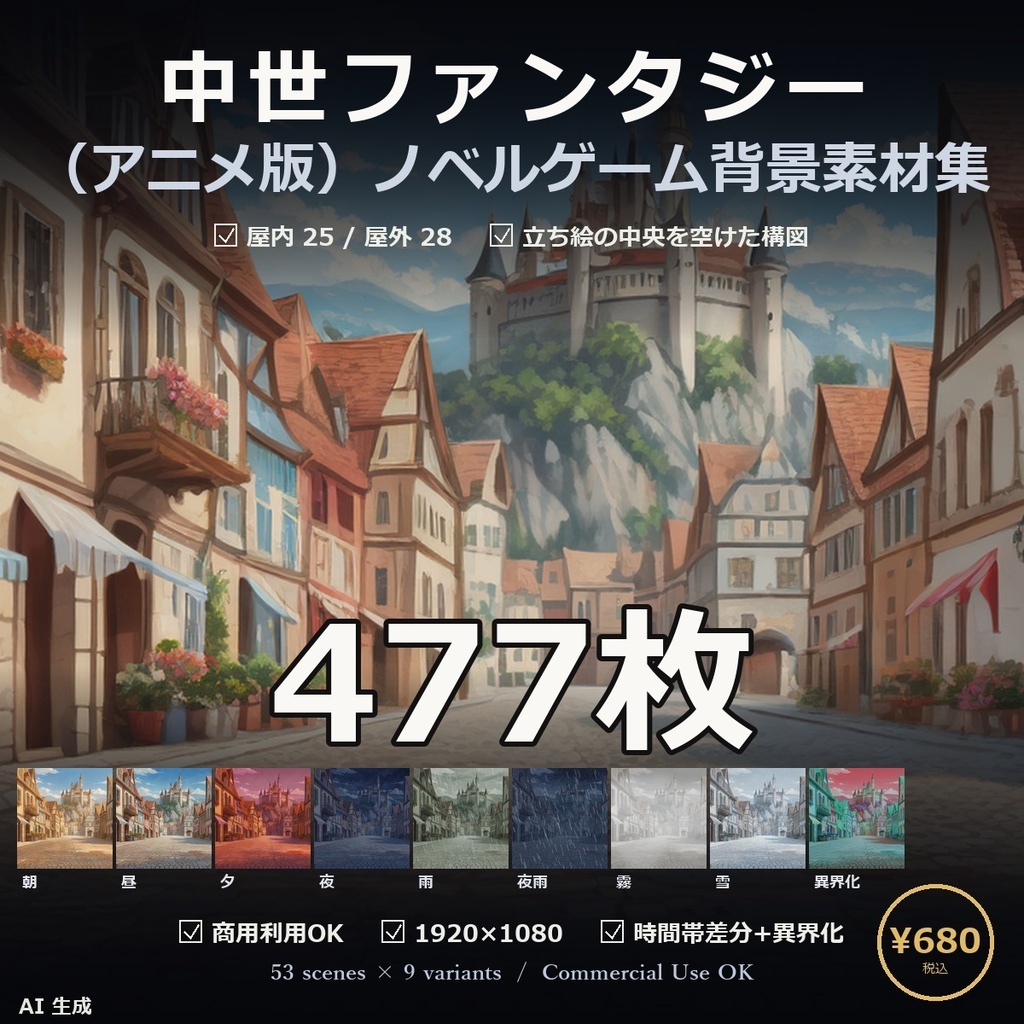 【ノベルゲーム背景】中世ファンタジー 背景素材集 アニメ版 53シーン×9差分 477枚【1920×1080・商用利用可・AI生成】