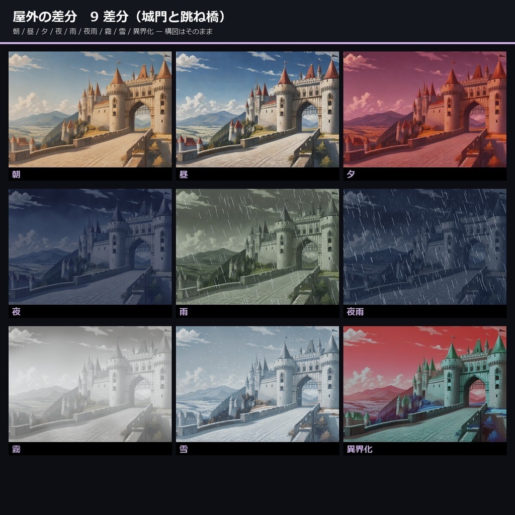 【ノベルゲーム背景】中世ファンタジー 背景素材集 アニメ版 53シーン×9差分 477枚【1920×1080・商用利用可・AI生成】