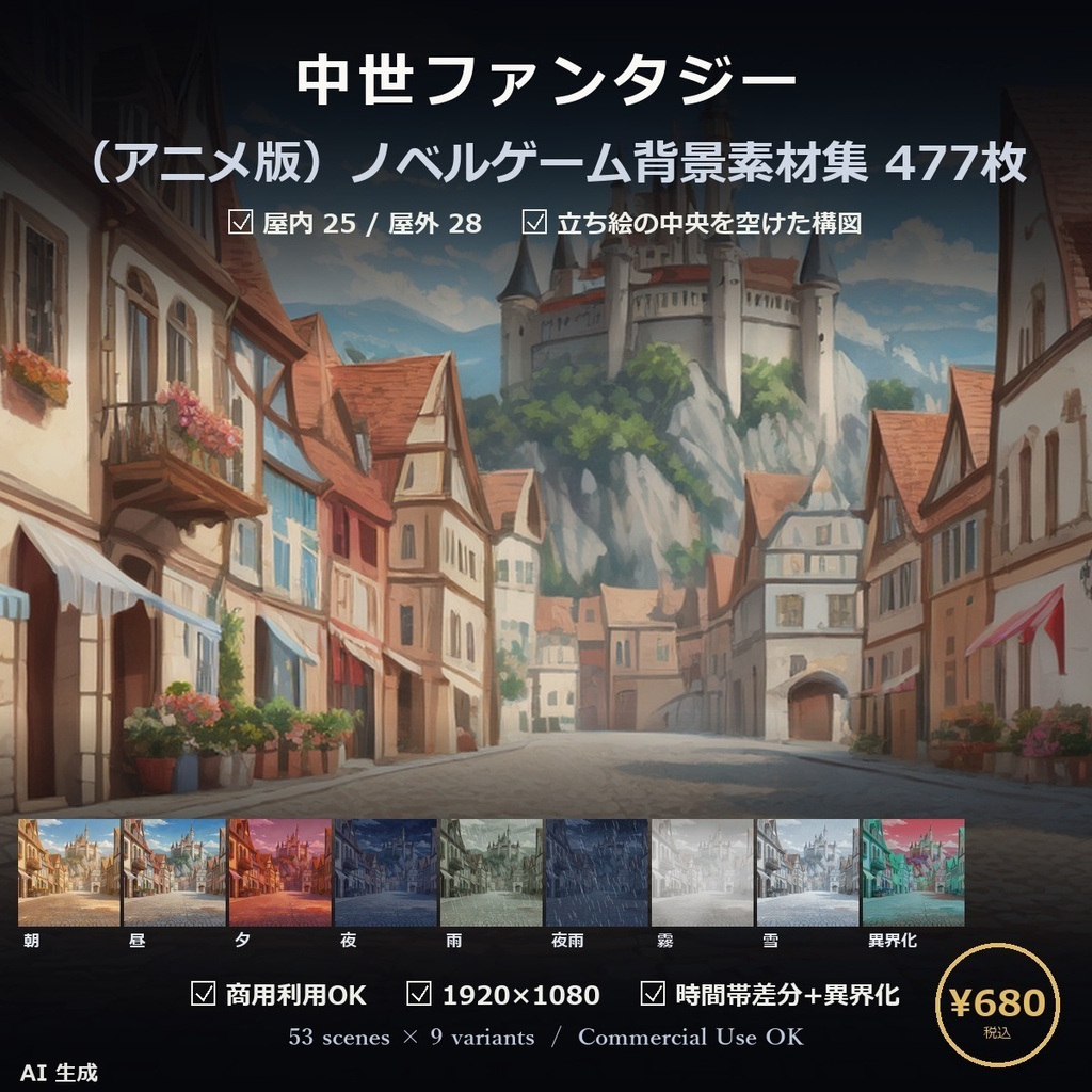 【ノベルゲーム背景】中世ファンタジー 背景素材集 アニメ版 53シーン×9差分 477枚【1920×1080・商用利用可・AI生成】