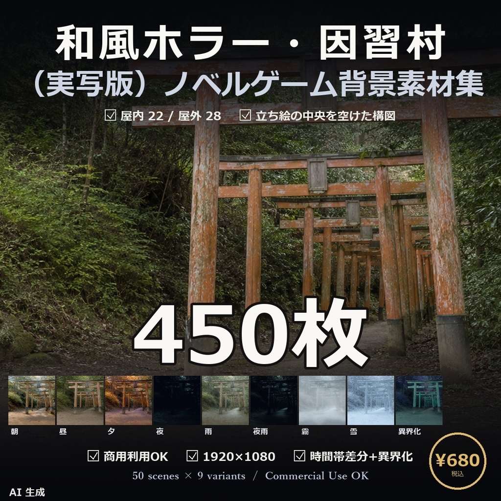 【ノベルゲーム背景】和風ホラー・因習村 背景素材集 実写版 50シーン×9差分 450枚【1920×1080・商用利用可・AI生成】