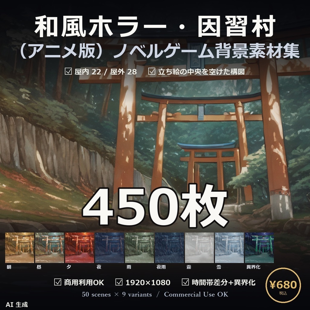【ノベルゲーム背景】和風ホラー・因習村 背景素材集 アニメ版 50シーン×9差分 450枚【VN・1920×1080・商用利用可・AI生成】