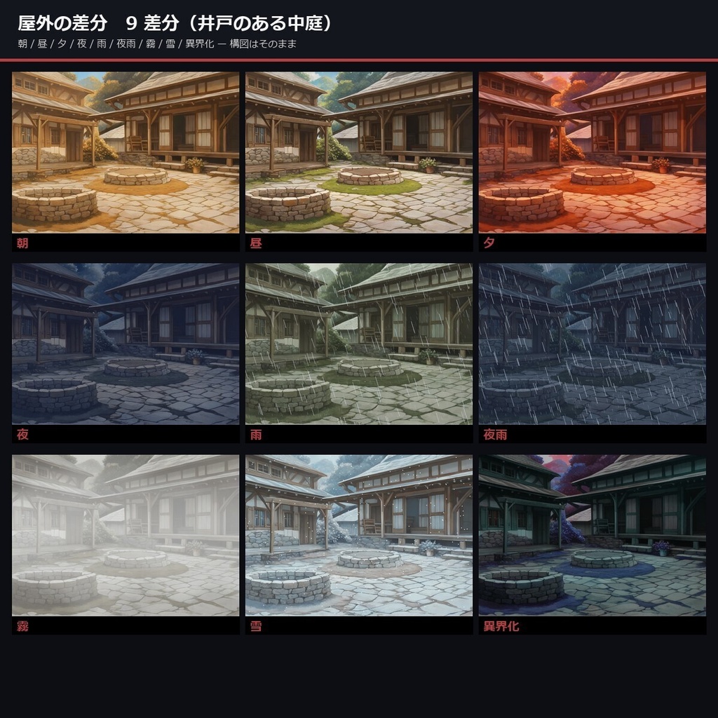 【ノベルゲーム背景】和風ホラー・因習村 背景素材集 アニメ版 50シーン×9差分 450枚【VN・1920×1080・商用利用可・AI生成】