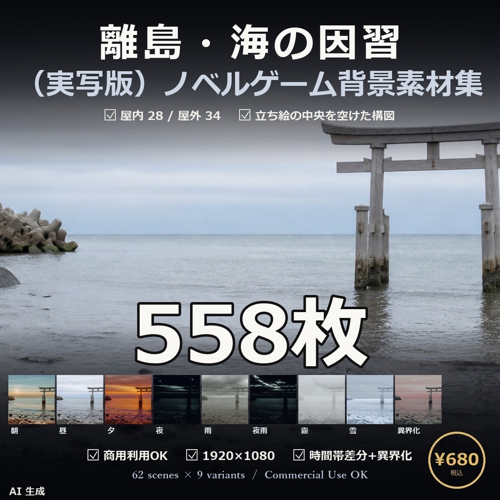 【ノベルゲーム背景】離島・海の因習 背景素材集 実写版 62シーン×9差分 558枚【1920×1080・商用利用可・AI生成】