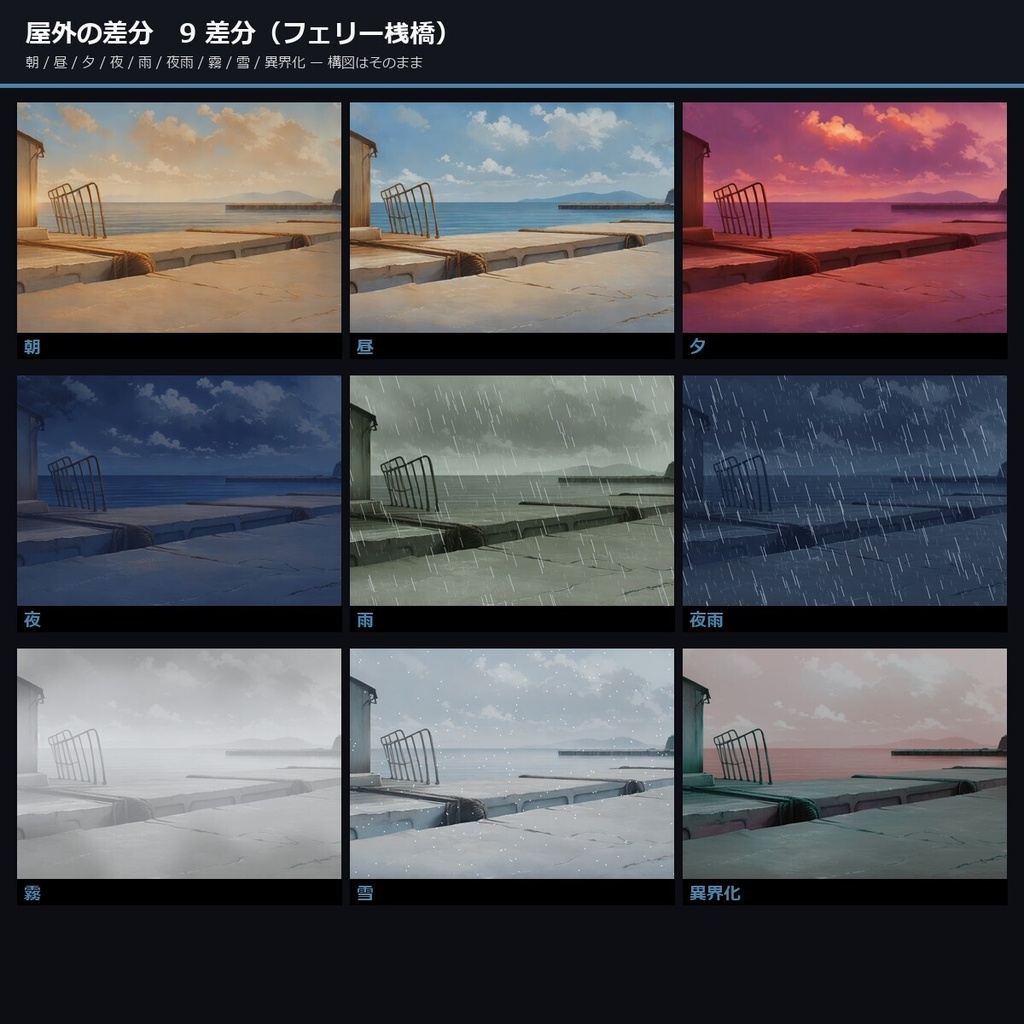 【ノベルゲーム背景】離島・海の因習 背景素材集 アニメ版 62シーン×9差分 558枚【1920×1080・商用利用可・AI生成】
