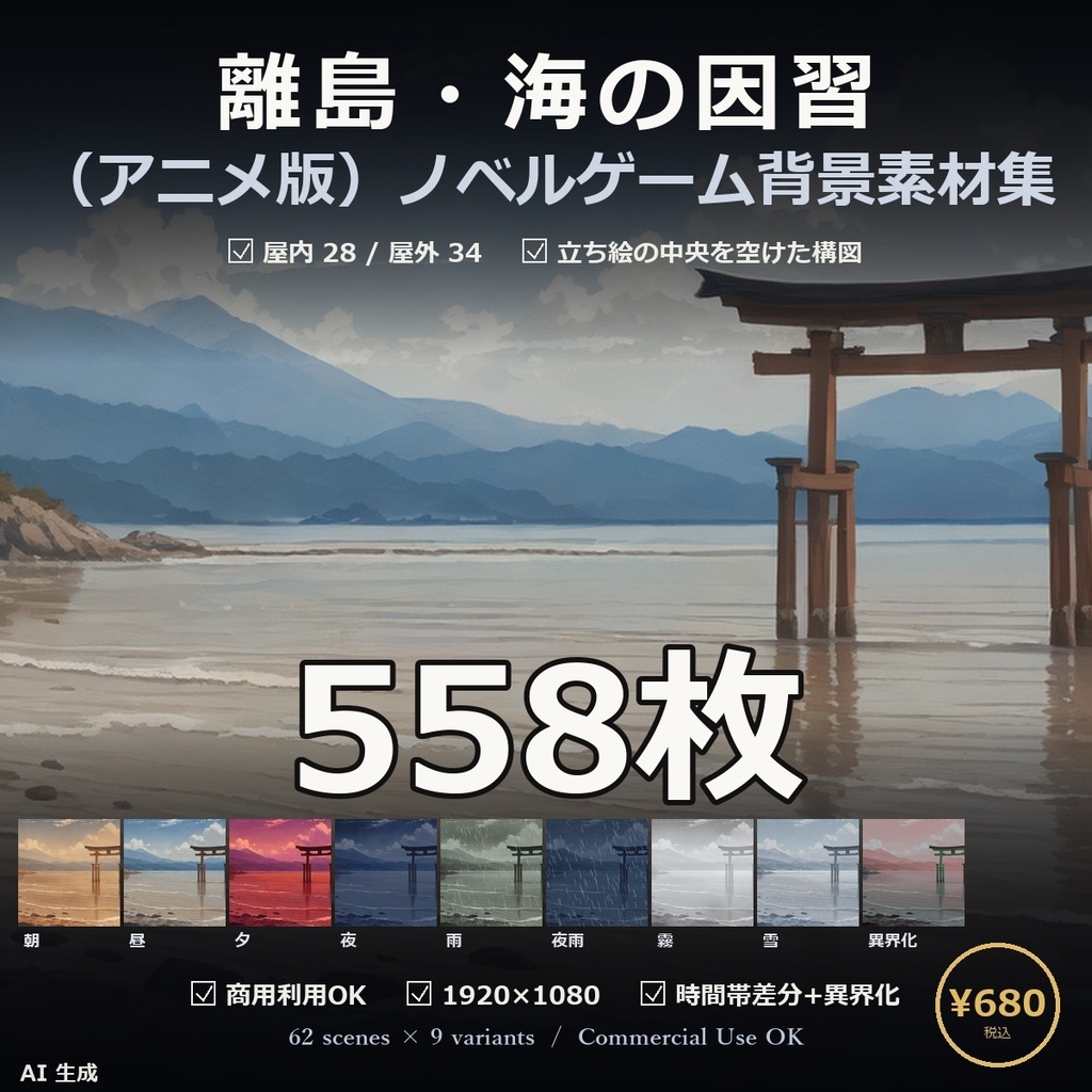 【ノベルゲーム背景】離島・海の因習 背景素材集 アニメ版 62シーン×9差分 558枚【1920×1080・商用利用可・AI生成】