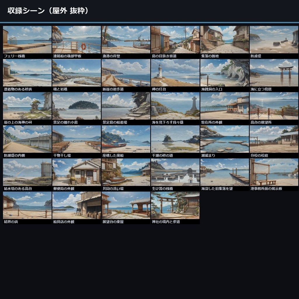 【ノベルゲーム背景】離島・海の因習 背景素材集 アニメ版 62シーン×9差分 558枚【1920×1080・商用利用可・AI生成】