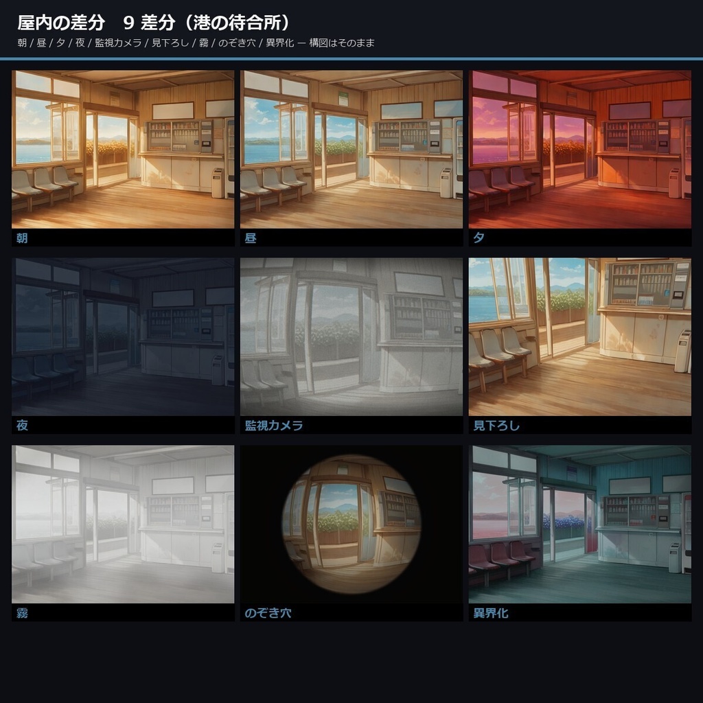 【ノベルゲーム背景】離島・海の因習 背景素材集 アニメ版 62シーン×9差分 558枚【1920×1080・商用利用可・AI生成】
