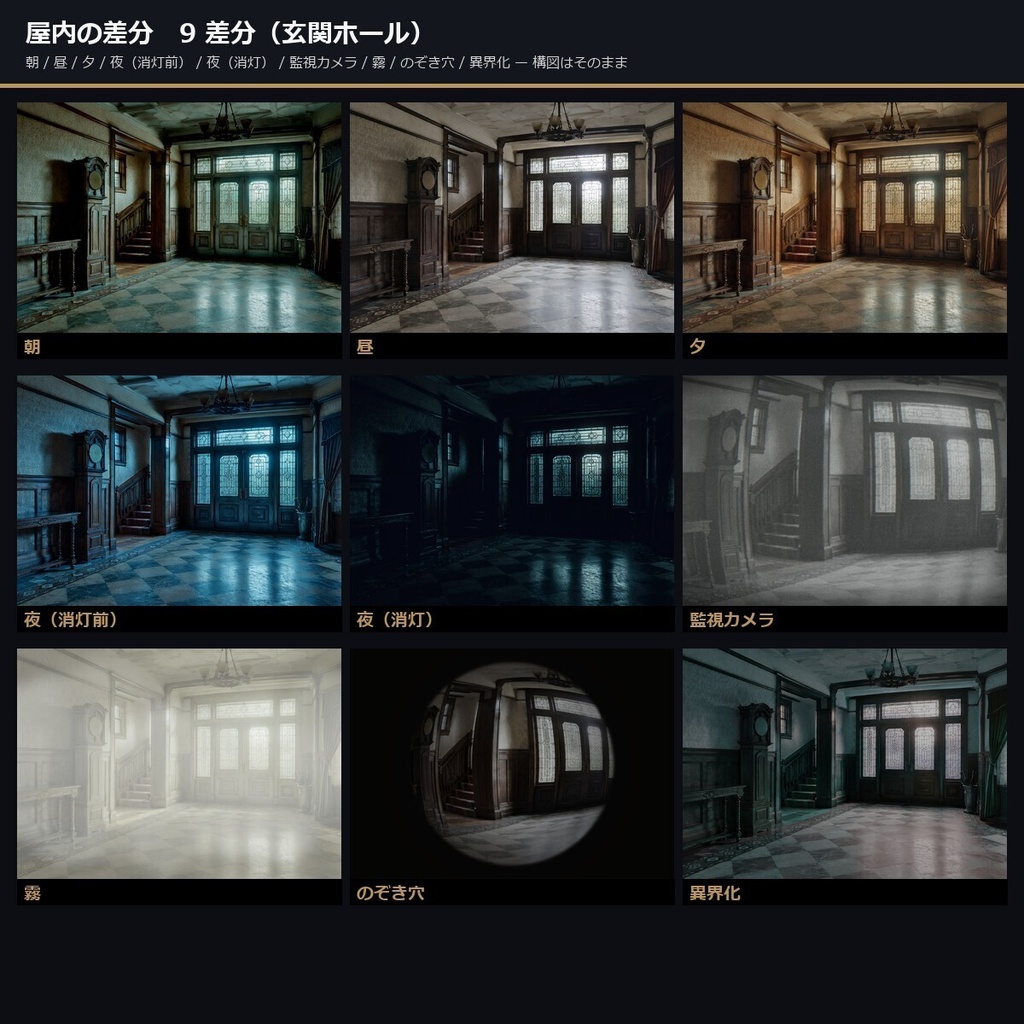 【ノベルゲーム背景】洋館クローズドサークル 背景素材集 実写版 50シーン×9差分 450枚【1920×1080・商用利用可・AI生成】