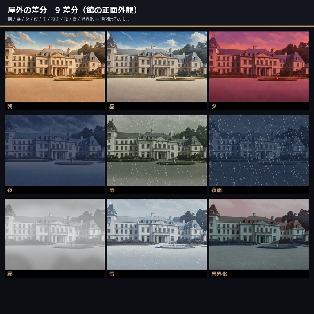 《1週間無料》【ノベルゲーム作成キット付】洋館クローズドサークル 背景素材集 アニメ版 50シーン×9差分 450枚【1920×1080・商用利用可・AI生成】