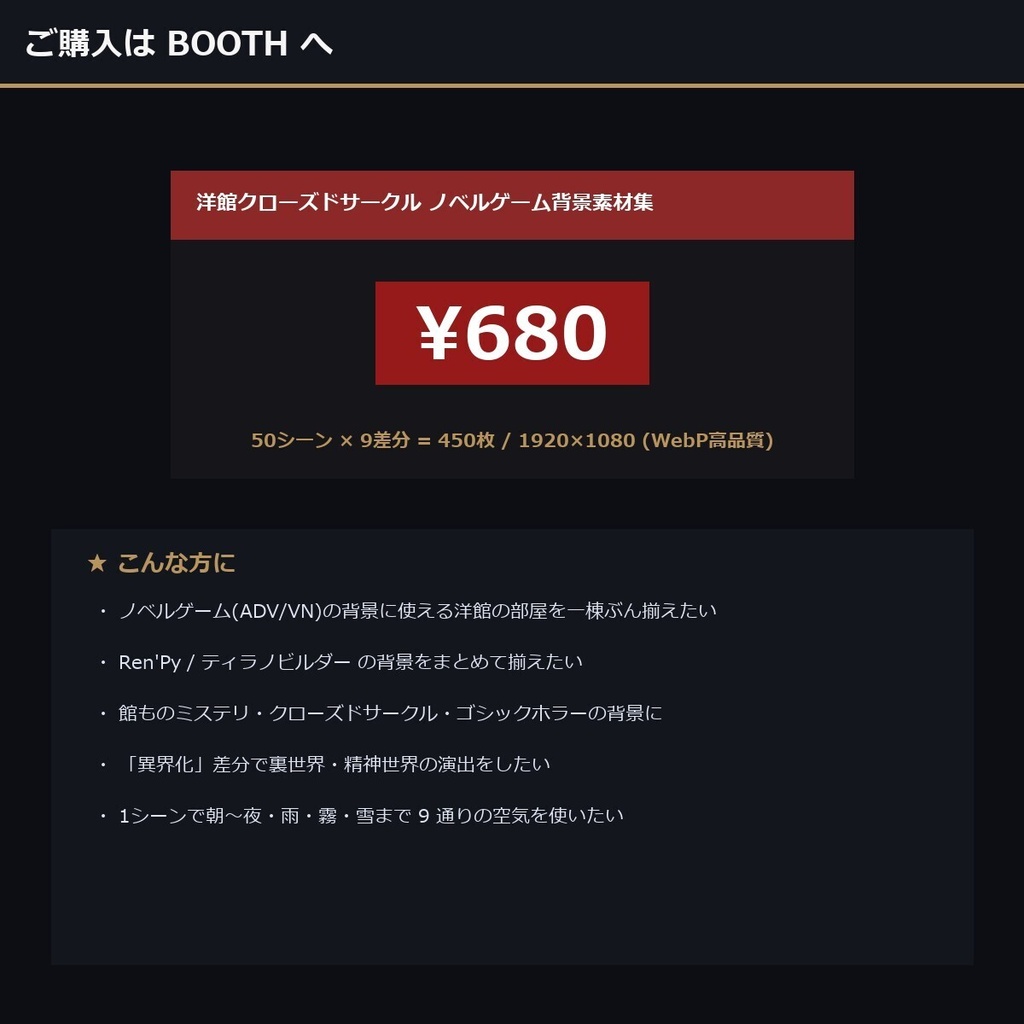 【ノベルゲーム背景】洋館クローズドサークル 背景素材集 アニメ版 50シーン×9差分 450枚【1920×1080・商用利用可・AI生成】