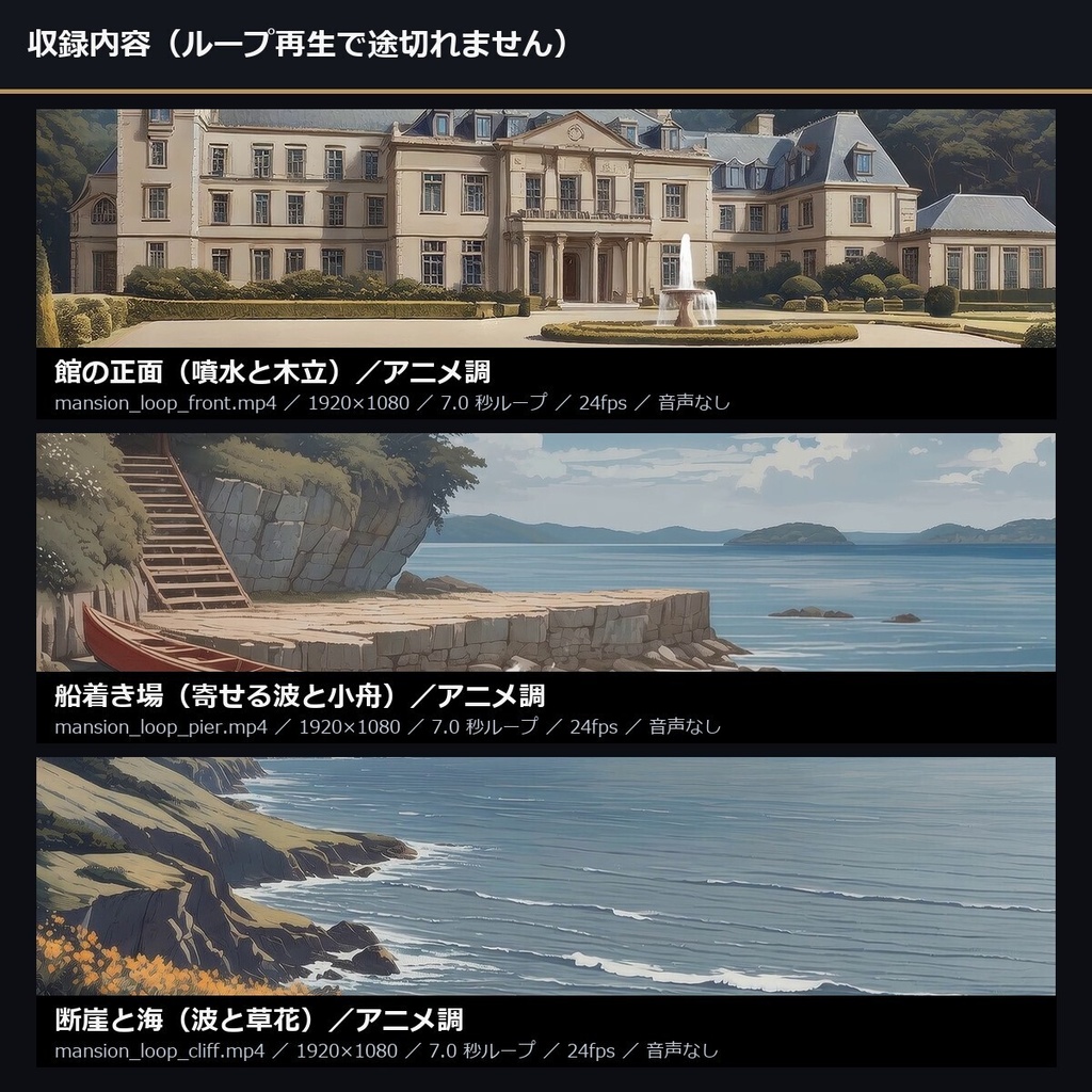 【無料ループ動画】洋館クローズドサークル アニメ調背景ループ動画 3本【ノベルゲーム・動画背景/1920×1080・商用利用可・AI生成】