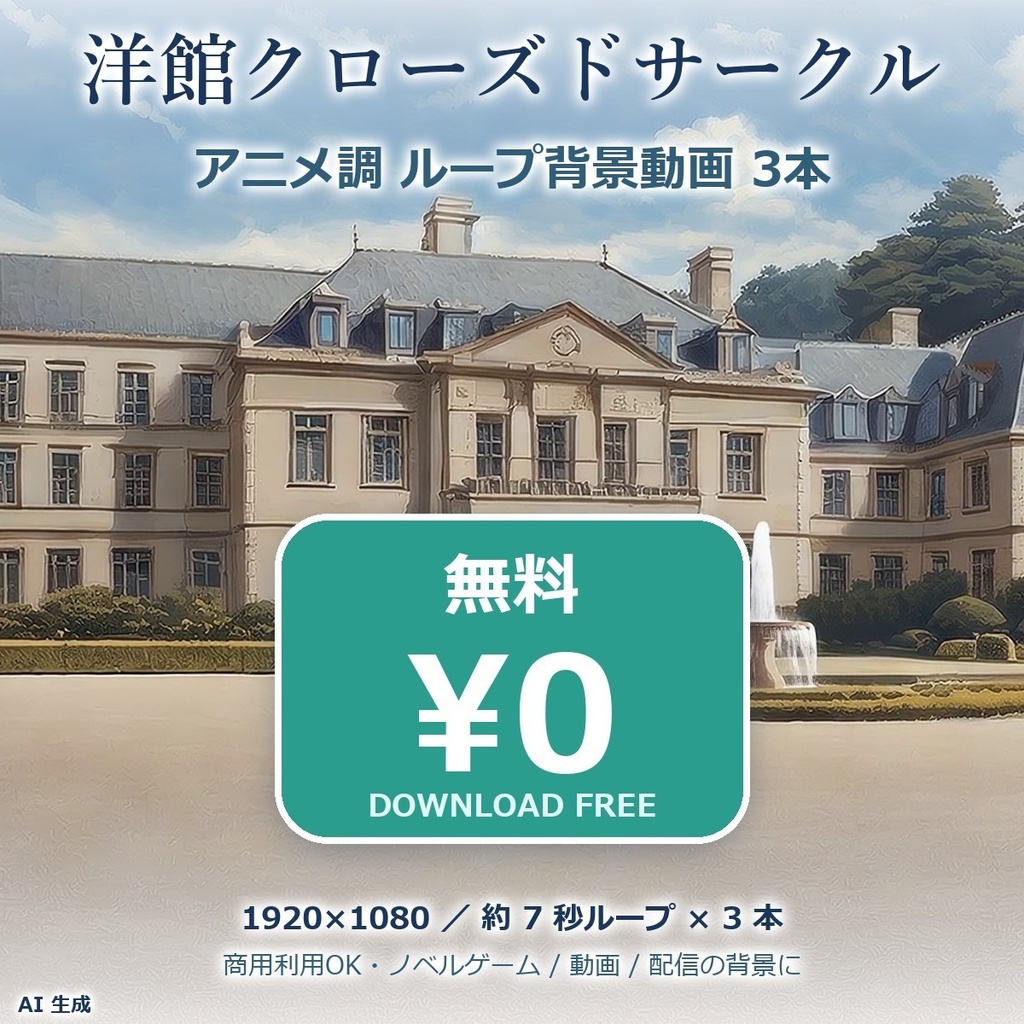 【無料ループ動画】洋館クローズドサークル アニメ調背景ループ動画 3本【ノベルゲーム・動画背景／1920×1080・商用利用可・AI生成】