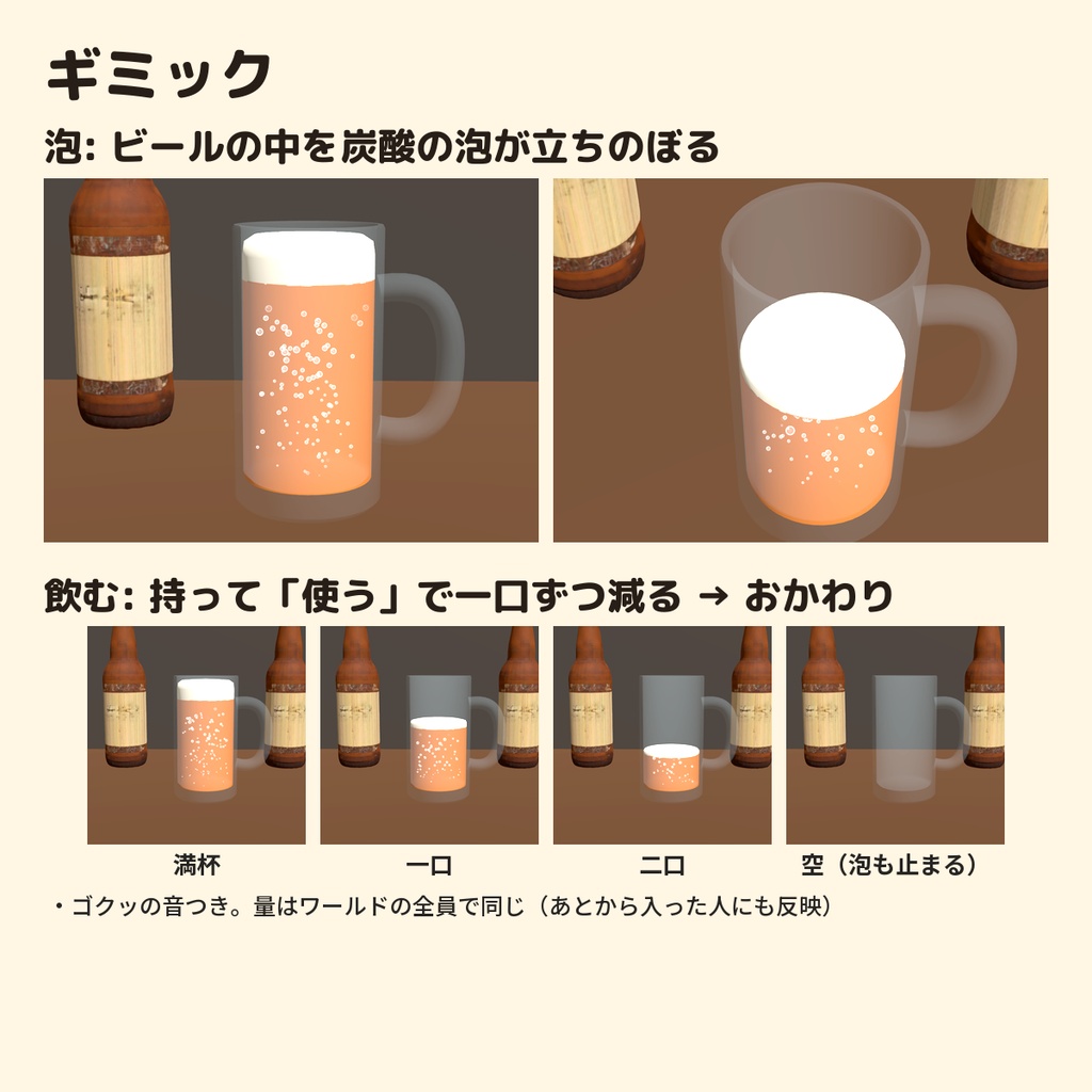 【VRChat用3D素材】ビール瓶とジョッキのセット|乾杯・泡が出る・飲める・注げるギミック付き・同期対応