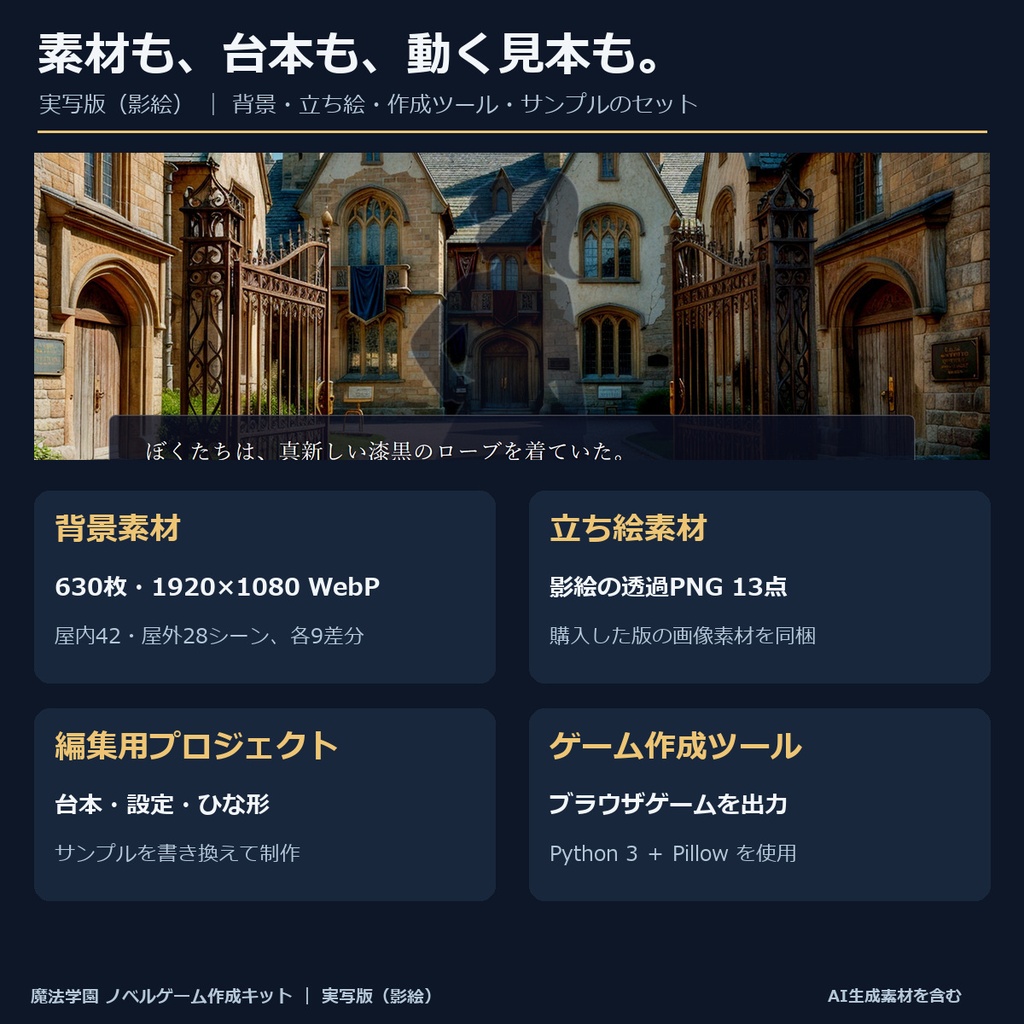 《1週間無料》【ノベルゲーム作成キット】魔法学園 実写版|背景630枚+影絵13点+仮台本+サンプルゲーム