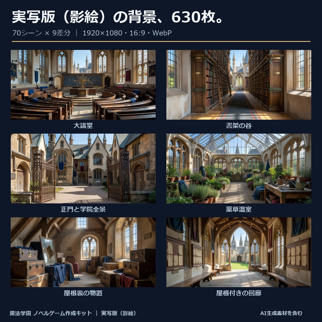《1週間無料》【ノベルゲーム作成キット】魔法学園 実写版|背景630枚+影絵13点+仮台本+サンプルゲーム