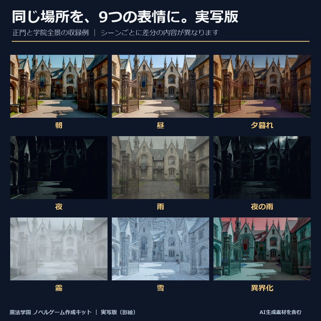 《1週間無料》【ノベルゲーム作成キット】魔法学園 実写版|背景630枚+影絵13点+仮台本+サンプルゲーム