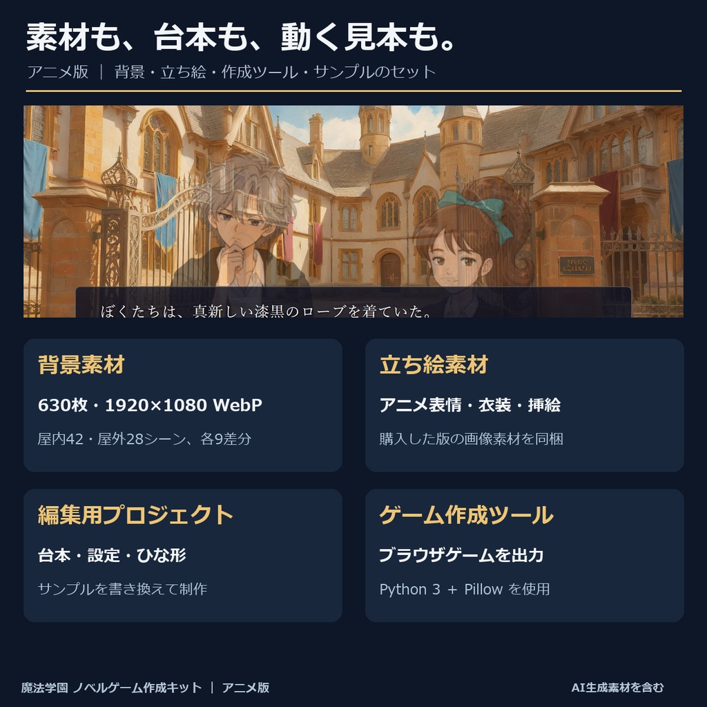 《1週間無料》【ノベルゲーム作成キット】魔法学園 アニメ版|背景630枚+表情付き立ち絵・衣装・挿絵+台本+サンプルゲーム