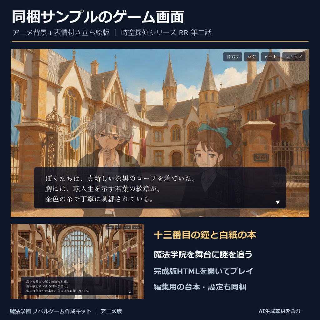 《1週間無料》【ノベルゲーム作成キット】魔法学園 アニメ版|背景630枚+表情付き立ち絵・衣装・挿絵+台本+サンプルゲーム