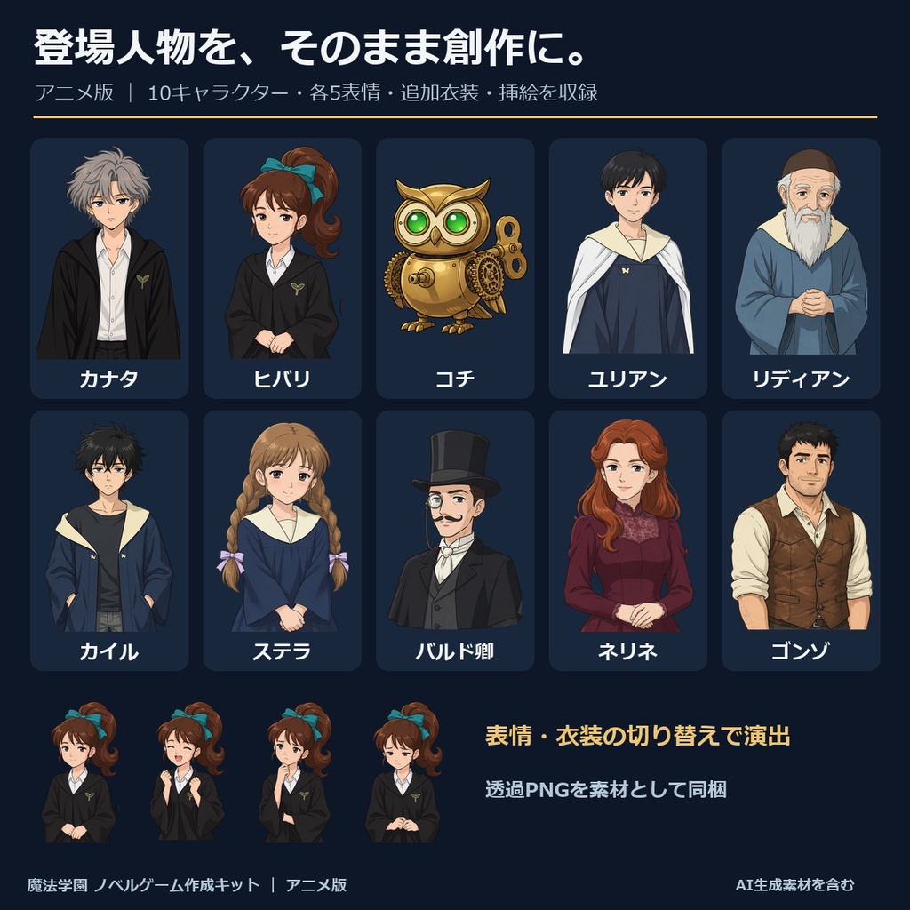 《1週間無料》【ノベルゲーム作成キット】魔法学園 アニメ版|背景630枚+表情付き立ち絵・衣装・挿絵+台本+サンプルゲーム