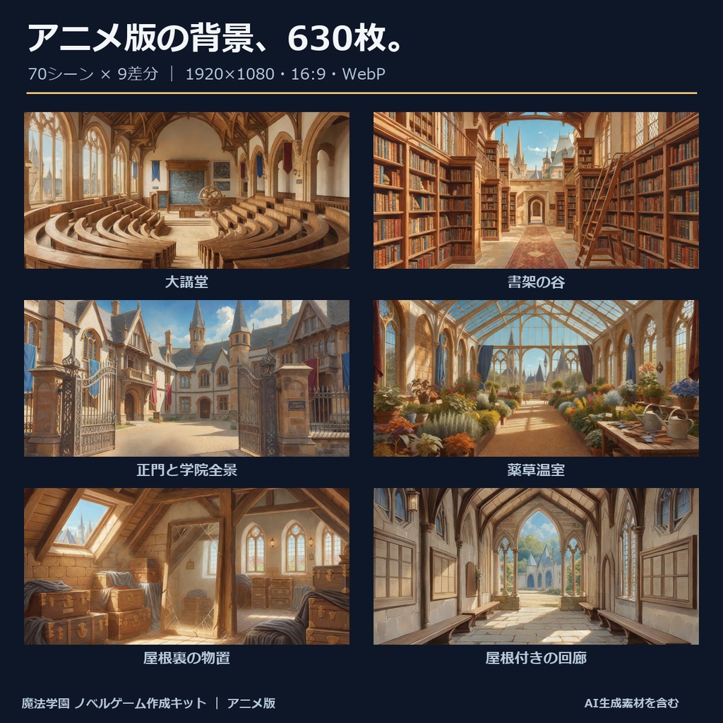 《1週間無料》【ノベルゲーム作成キット】魔法学園 アニメ版|背景630枚+表情付き立ち絵・衣装・挿絵+台本+サンプルゲーム