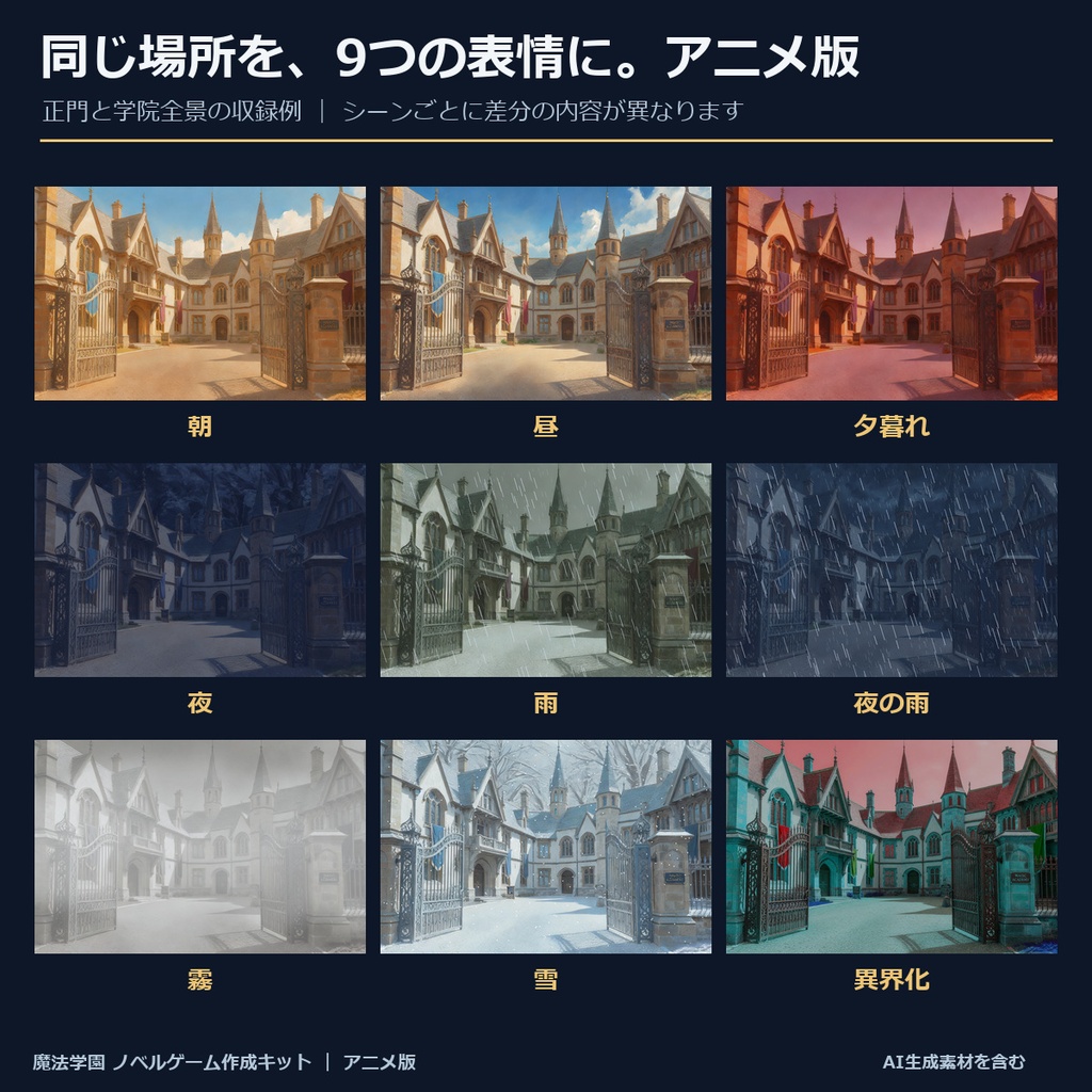 《1週間無料》【ノベルゲーム作成キット】魔法学園 アニメ版|背景630枚+表情付き立ち絵・衣装・挿絵+台本+サンプルゲーム