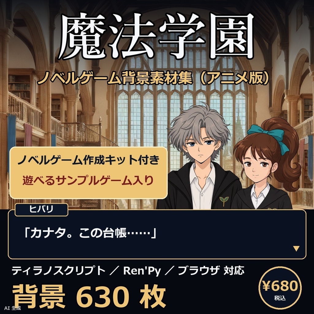 《1週間無料》【ノベルゲーム作成キット】魔法学園　アニメ版｜背景630枚＋表情付き立ち絵・衣装・挿絵＋台本＋サンプルゲーム