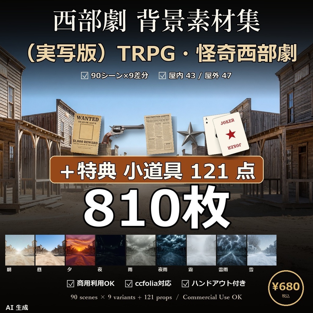 《3日間半額‼》【TRPG】西部劇 背景素材集 実写版 90シーン×9差分 810枚+小道具121点【商用利用可・ccfolia・AI生成】