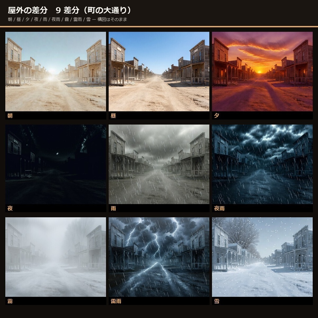 《3日間半額‼》【TRPG】西部劇 背景素材集 実写版 90シーン×9差分 810枚+小道具121点【商用利用可・ccfolia・AI生成】