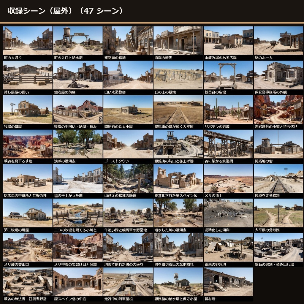 《3日間半額‼》【TRPG】西部劇 背景素材集 実写版 90シーン×9差分 810枚+小道具121点【商用利用可・ccfolia・AI生成】