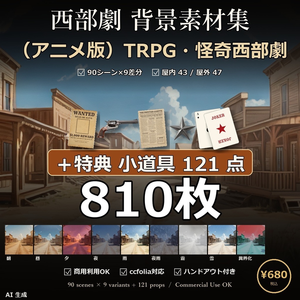 【TRPG】西部劇 背景素材集 アニメ版 90シーン×9差分 810枚＋小道具121点【商用利用可・ccfolia・AI生成】
