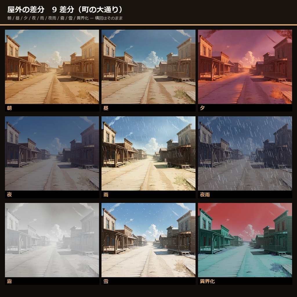 【TRPG】西部劇 背景素材集 アニメ版 90シーン×9差分 810枚+小道具121点【商用利用可・ccfolia・AI生成】