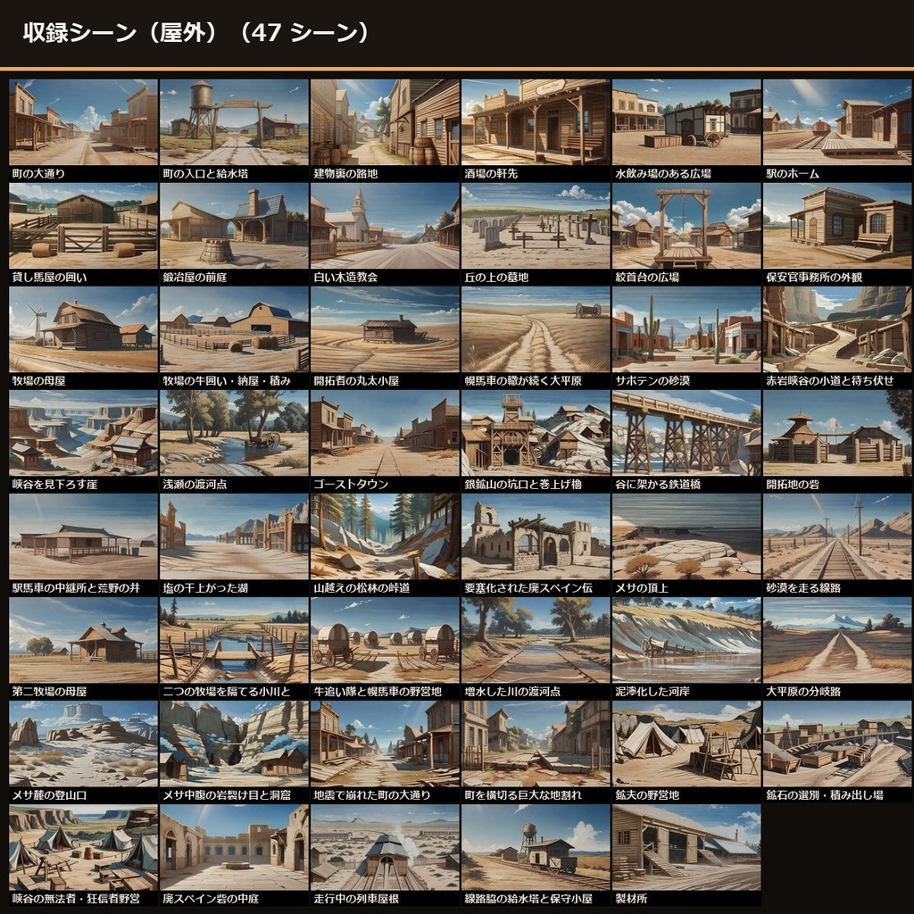 【TRPG】西部劇 背景素材集 アニメ版 90シーン×9差分 810枚+小道具121点【商用利用可・ccfolia・AI生成】