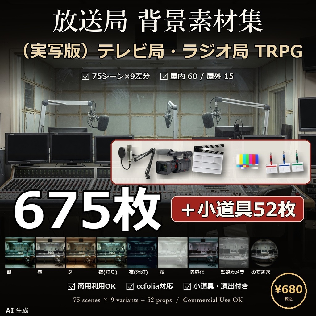 《3日無料》【TTRPG】放送局 背景素材集 実写版 75シーン×9差分 675枚＋小道具52点【商用利用可・ccfolia・AI生成】