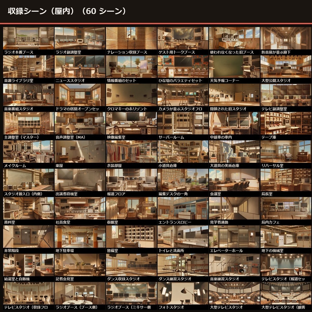【TTRPG】放送局 背景素材集 アニメ版 75シーン×9差分 674枚+小道具52点【商用利用可・ccfolia・AI生成】
