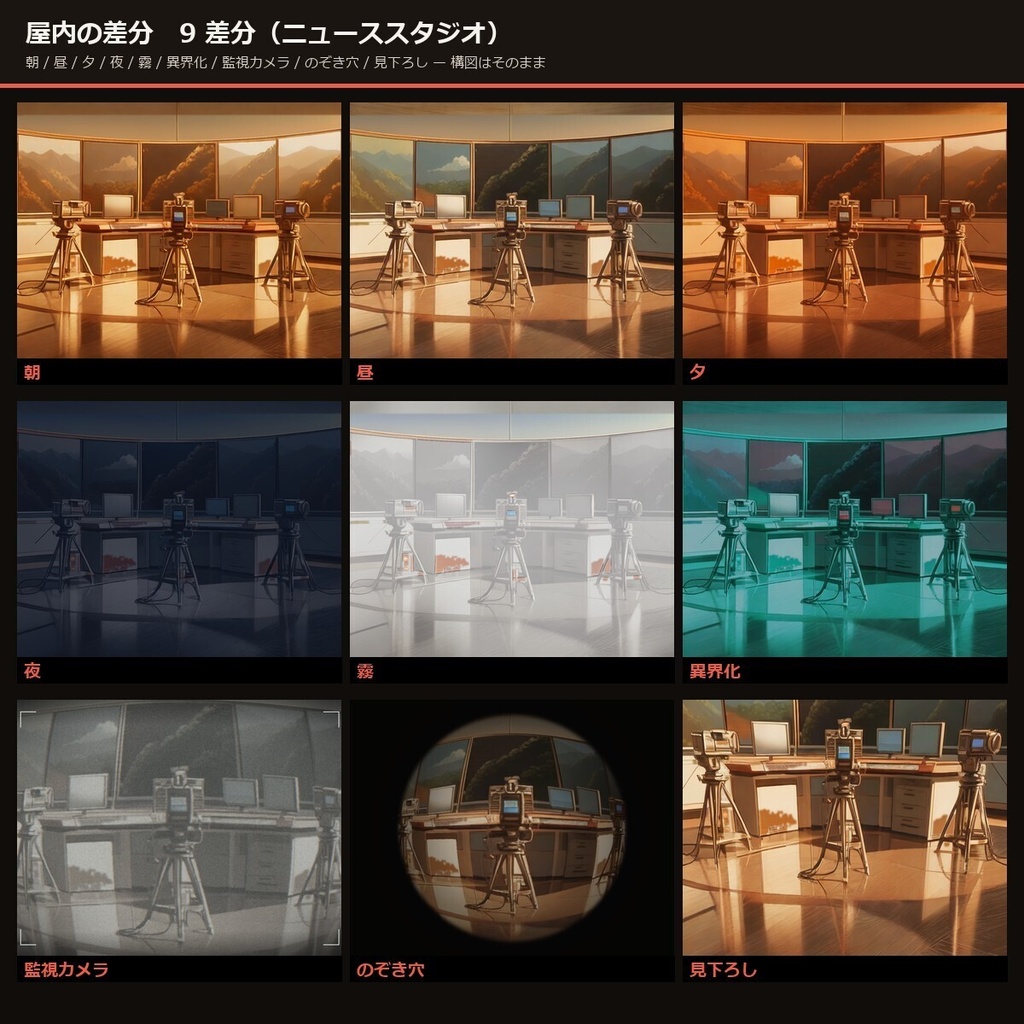 【TTRPG】放送局 背景素材集 アニメ版 75シーン×9差分 674枚+小道具52点【商用利用可・ccfolia・AI生成】