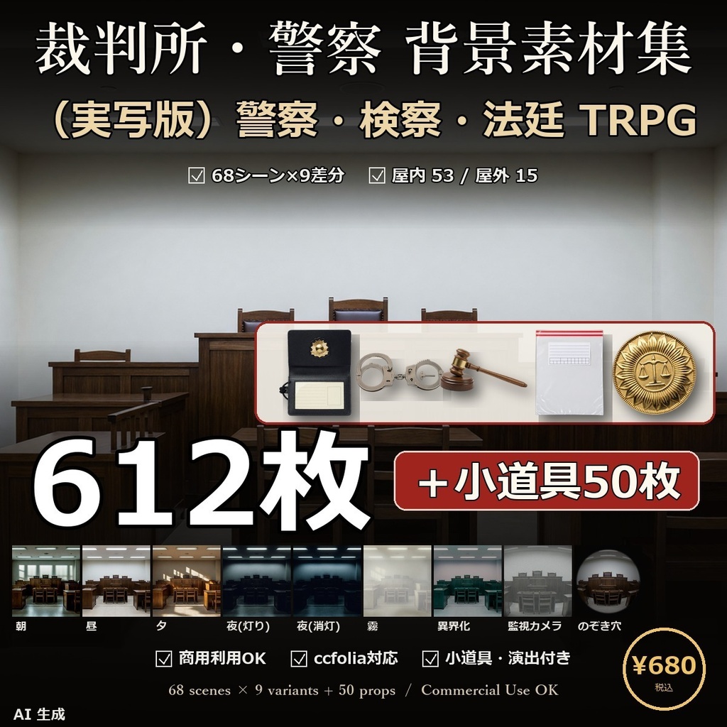 《3日間半額》【TTRPG】裁判所・警察 背景素材集 実写版 68シーン×9差分 612枚+小道具50点【商用利用可・ccfolia・AI生成】
