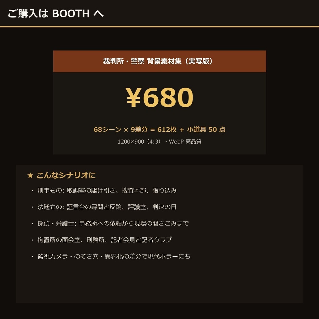 《3日間半額》【TTRPG】裁判所・警察 背景素材集 実写版 68シーン×9差分 612枚+小道具50点【商用利用可・ccfolia・AI生成】