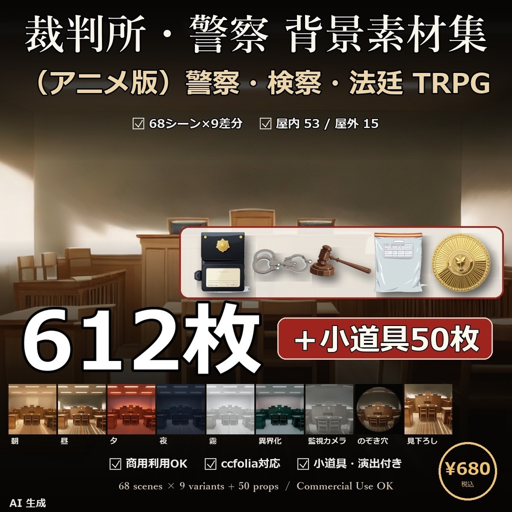 《3日間半額》【TTRPG】裁判所・警察 背景素材集 アニメ版 68シーン×9差分 612枚＋小道具50点【商用利用可・ccfolia・AI生成】