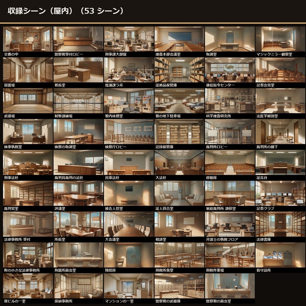 《3日間半額》【TTRPG】裁判所・警察 背景素材集 アニメ版 68シーン×9差分 612枚+小道具50点【商用利用可・ccfolia・AI生成】
