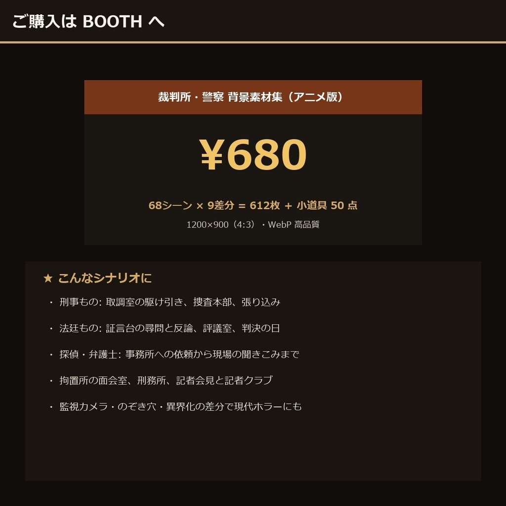 《3日間半額》【TTRPG】裁判所・警察 背景素材集 アニメ版 68シーン×9差分 612枚+小道具50点【商用利用可・ccfolia・AI生成】