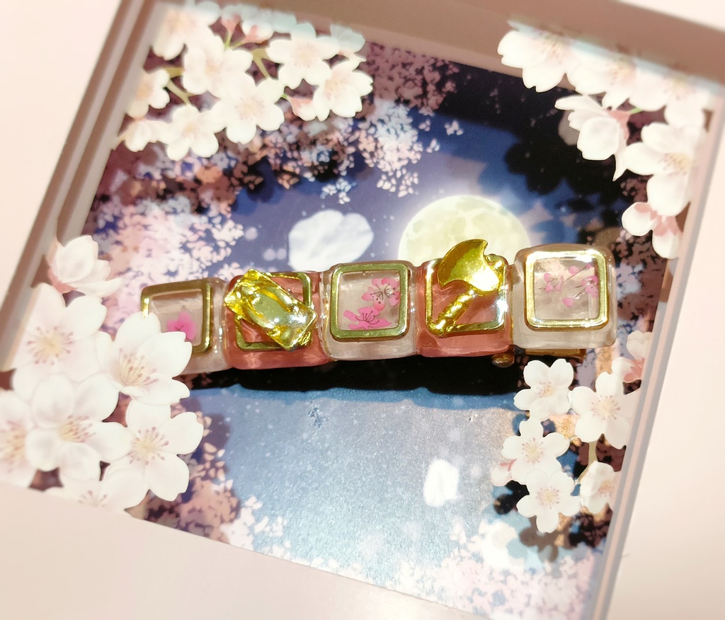 血桜と父☓水木概念のガラスタイルヘアクリップピンク