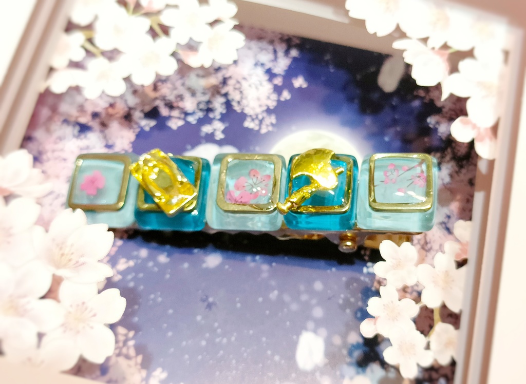 血桜と父☓水木概念ガラスタイルヘアクリップブルー