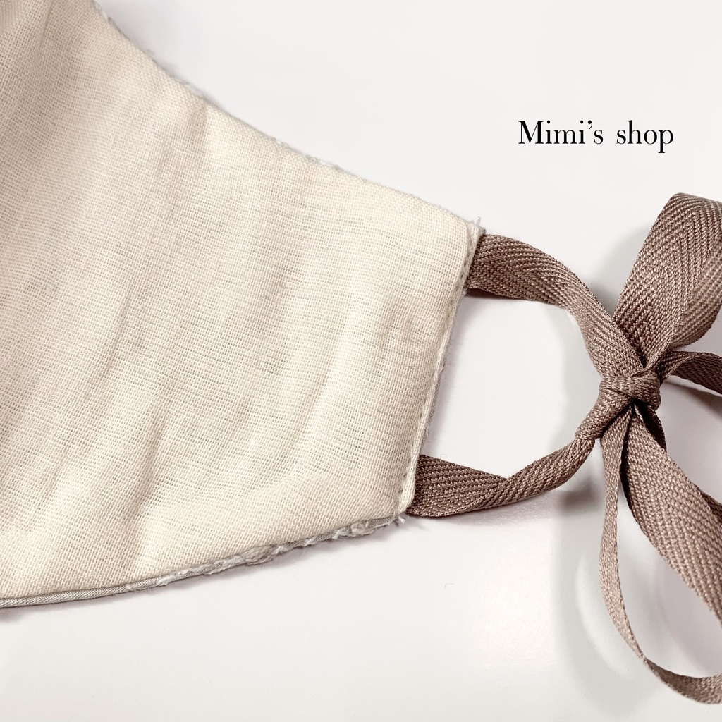 コットンレースの小顔見せリボンマスク ダブルガーゼ エクリュ グレージュ 花柄 肌荒れしない 洗える オールシーズン