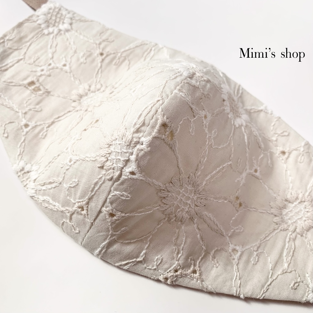 コットンレースの小顔見せリボンマスク ダブルガーゼ エクリュ グレージュ 花柄 肌荒れしない 洗える オールシーズン