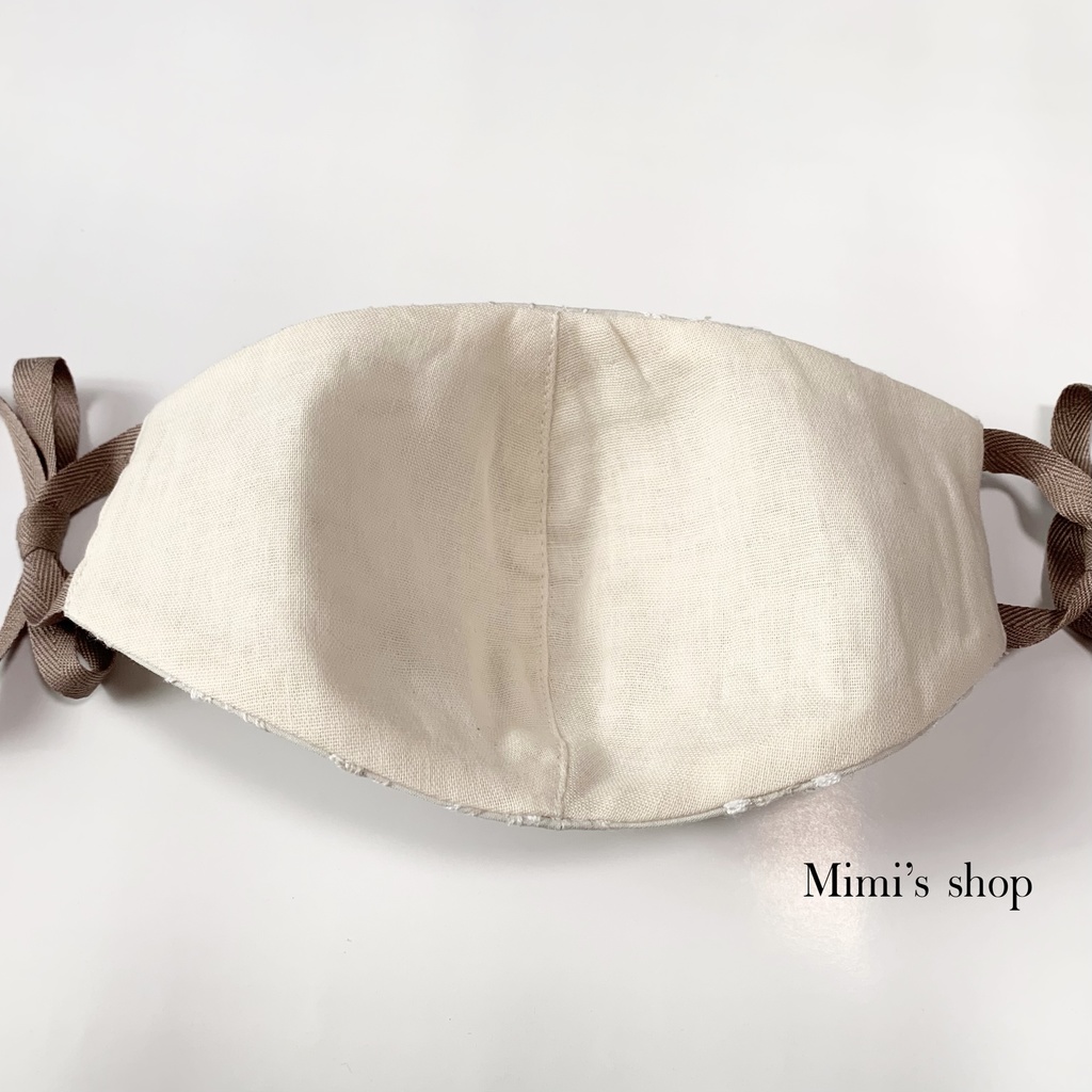 コットンレースの小顔見せリボンマスク ダブルガーゼ エクリュ グレージュ 花柄 肌荒れしない 洗える オールシーズン