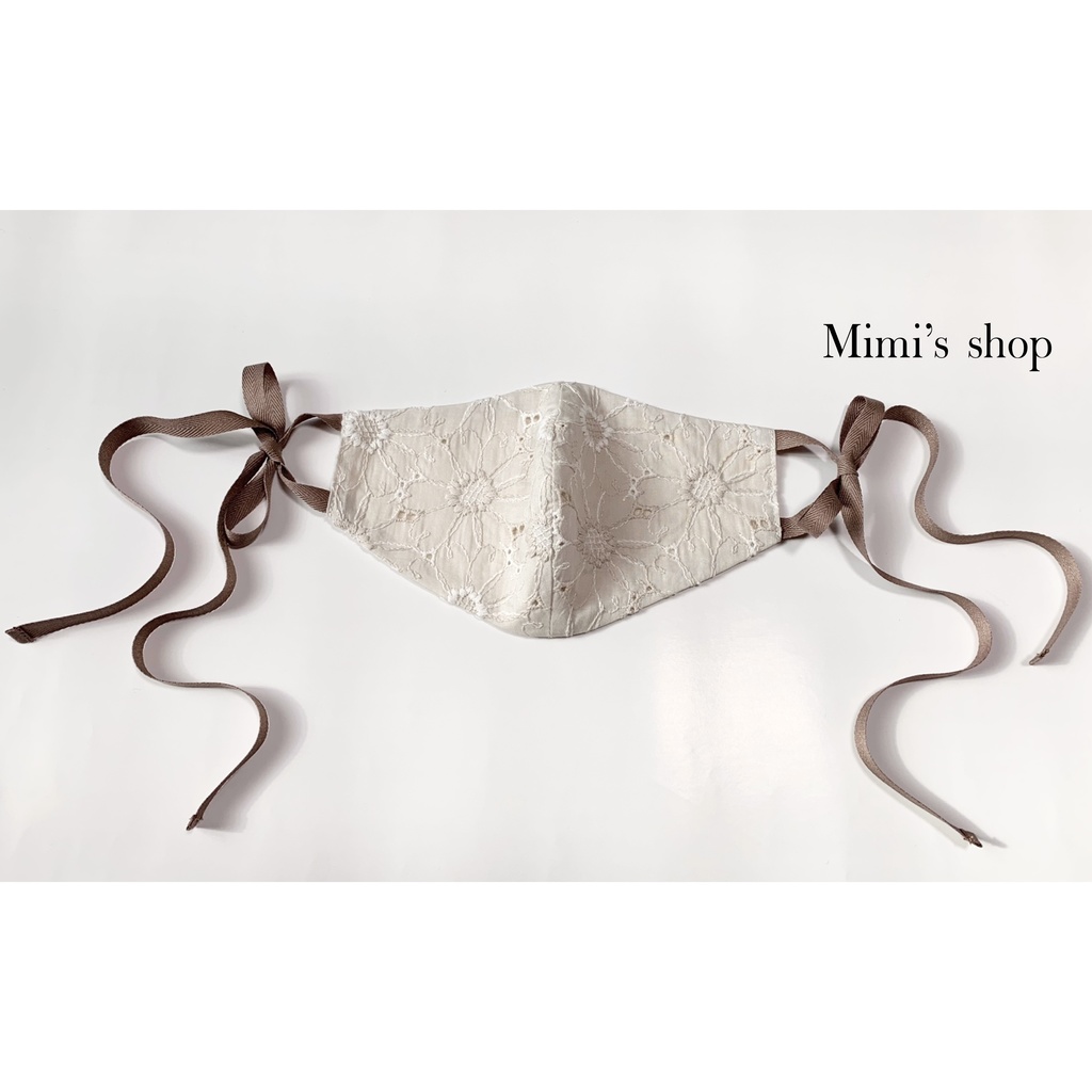 コットンレースの小顔見せリボンマスク ダブルガーゼ エクリュ グレージュ 花柄 肌荒れしない 洗える オールシーズン