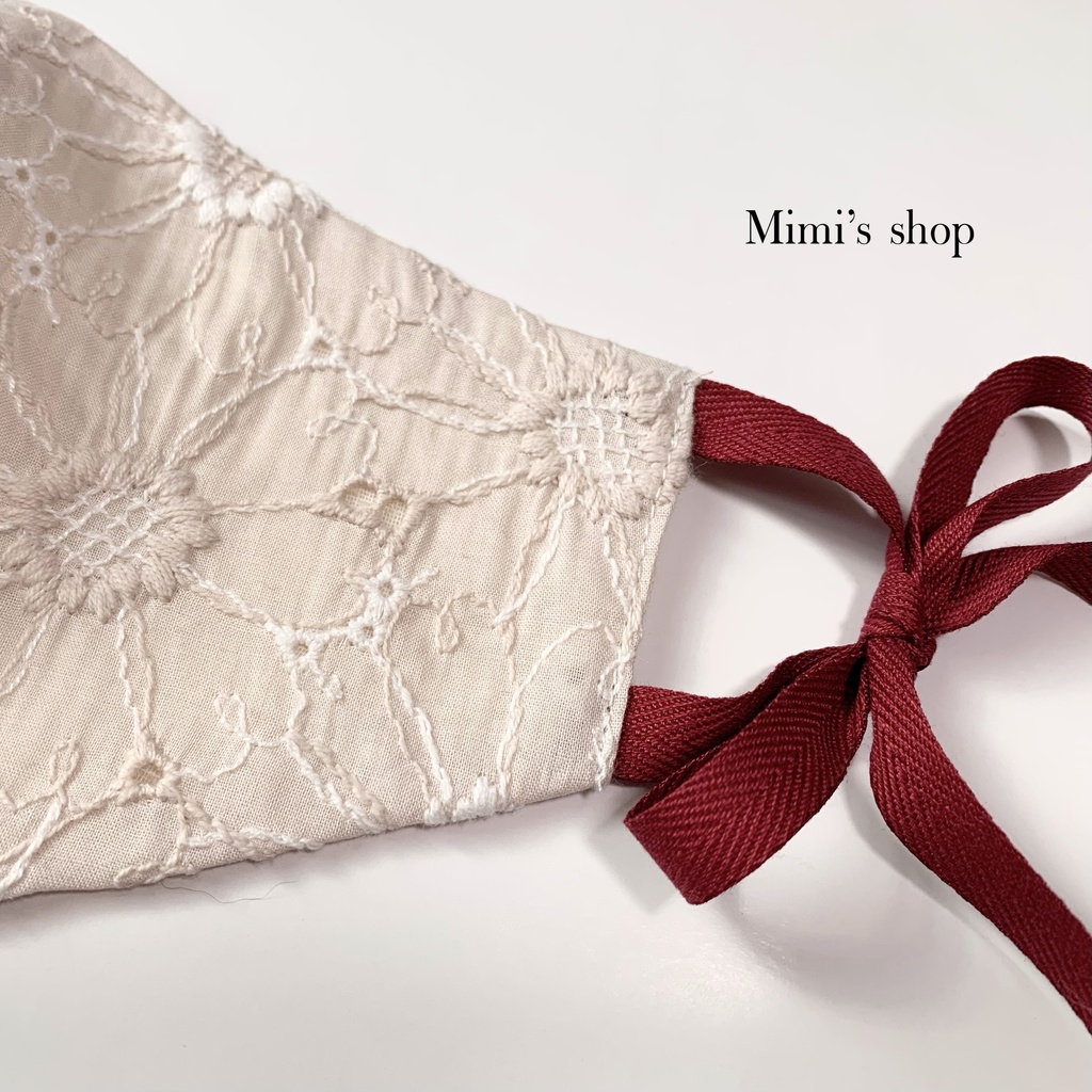 コットンレースの小顔見せリボンマスク ダブルガーゼ ピンクベージュ 花柄 肌荒れしない 洗える オールシーズン