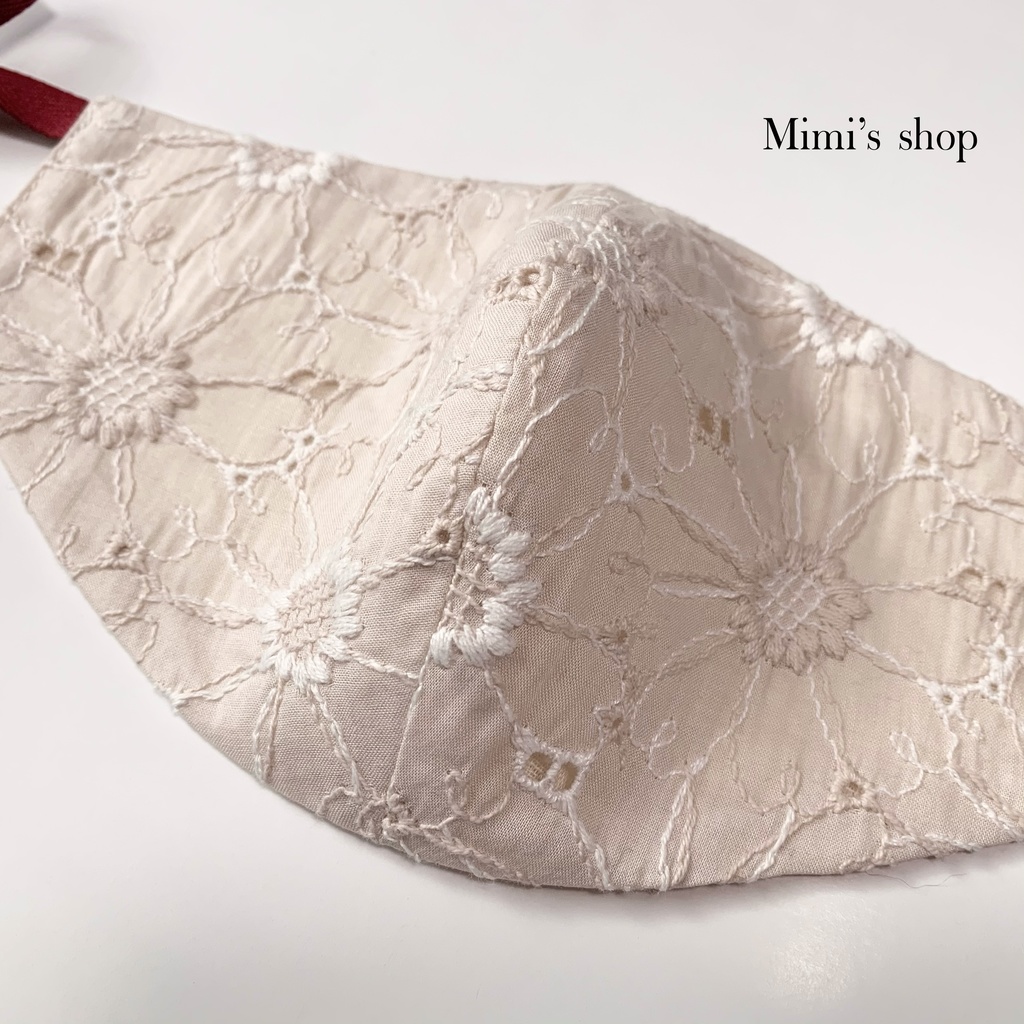 コットンレースの小顔見せリボンマスク ダブルガーゼ ピンクベージュ 花柄 肌荒れしない 洗える オールシーズン