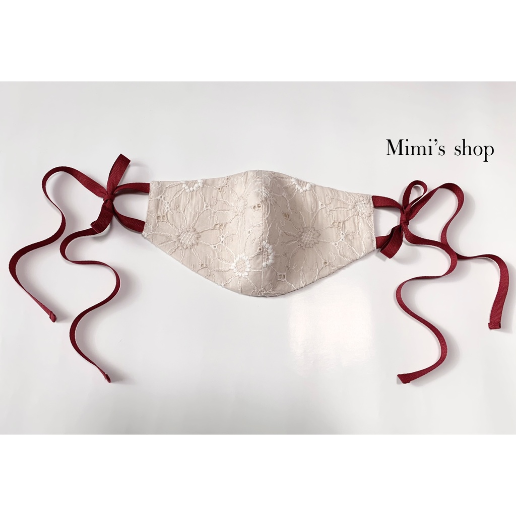 コットンレースの小顔見せリボンマスク ダブルガーゼ ピンクベージュ 花柄 肌荒れしない 洗える オールシーズン