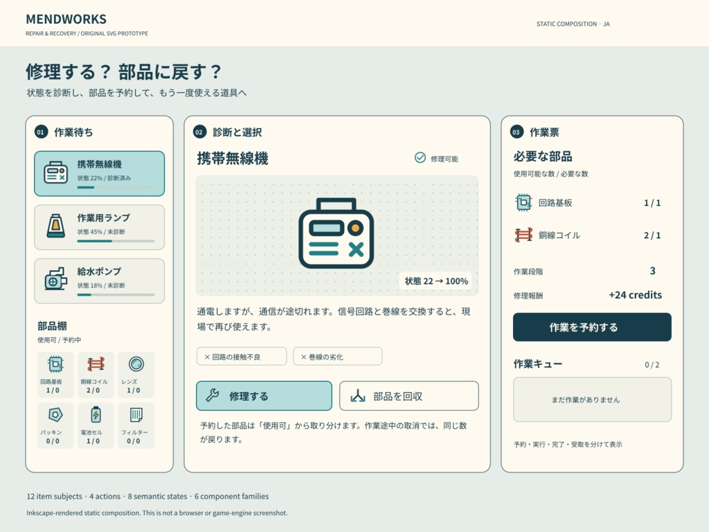 Mendworks 0.1.3｜修理・部品回収の静的UI素材